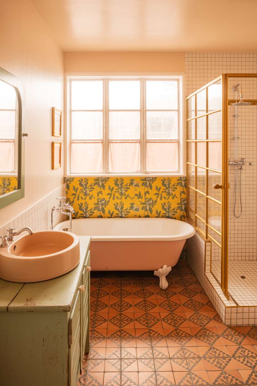 Clawfoot tub with yellow floral wallpaper backdrop, peach round sink on distressed wood vanity, and gold-accented glass shower