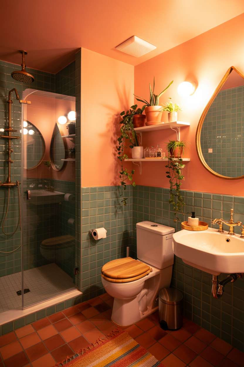 Modern toilet with wooden seat, white round sink with brass faucet, teal-tiled shower, terracotta floor, and peach walls