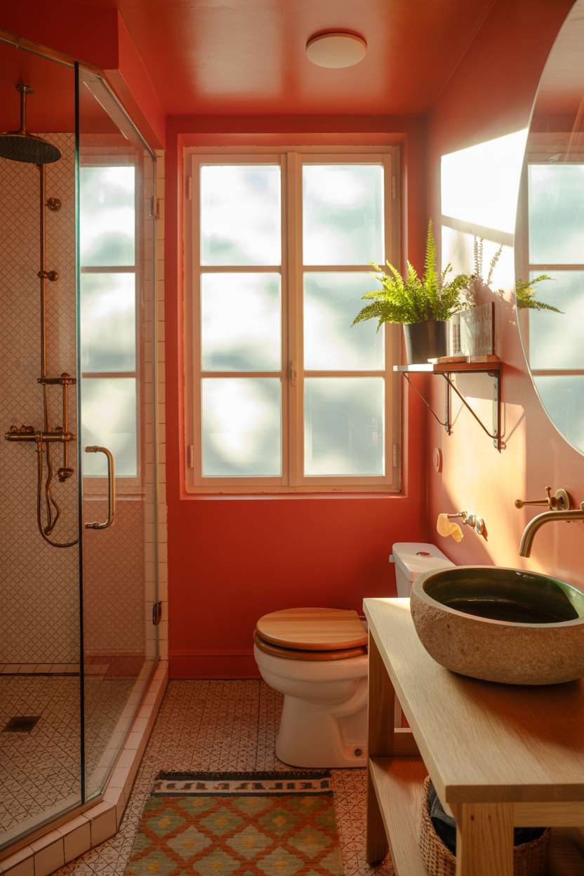 Wooden-seated toilet, round stone sink with brass fixtures, patterned tile shower, coral walls, and orange-yellow-green rug