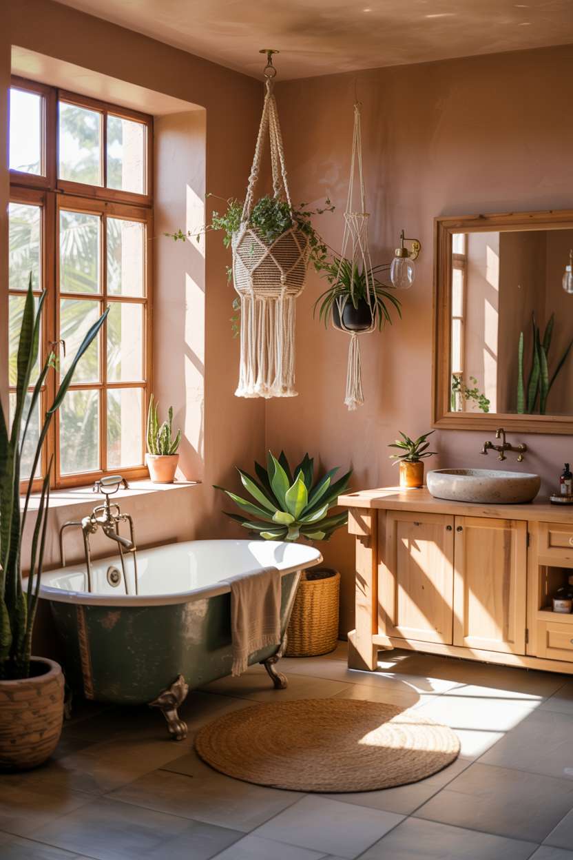 Freestanding clawfoot tub with woven rug underneath, wood vanity with stone sink, terracotta walls, and macrame plant hangers