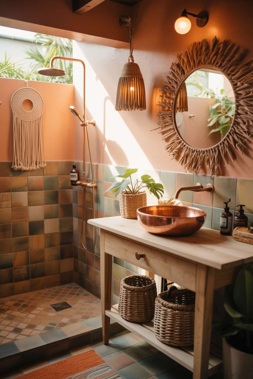 Rustic wooden vanity with copper round sink, terracotta tiles, copper showerhead, and macrame plant holders