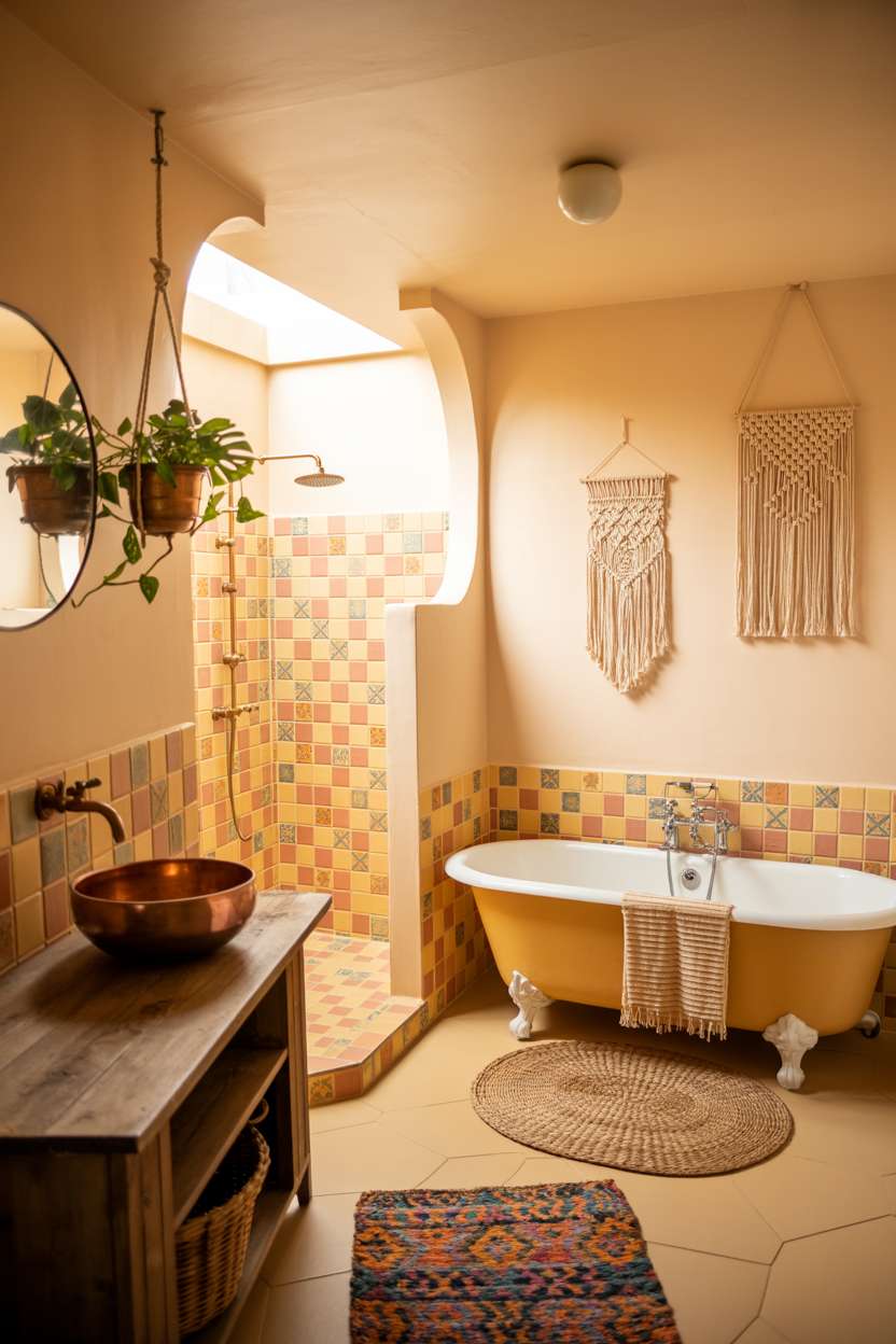 Clawfoot tub with woven rattan mat, wooden vanity with copper sink, orange-yellow-pink tiled shower, and cream walls