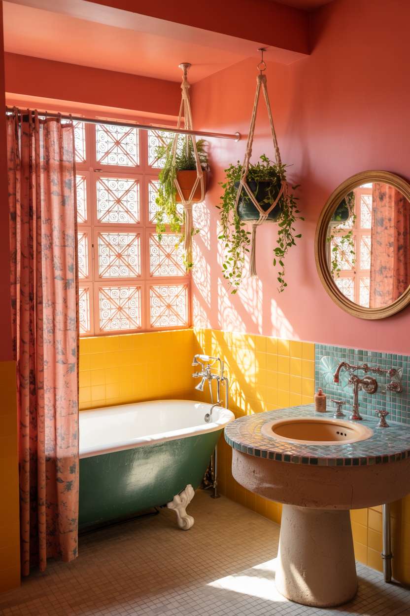 Vintage clawfoot tub with floral shower curtain, handcrafted mosaic sink, orange-pink-yellow textured wallpaper, and trailing plant hangers