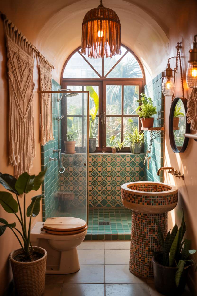 Round freestanding sink with mosaic design, uniquely shaped wooden toilet seat, teal-orange tiled shower, and arched garden window