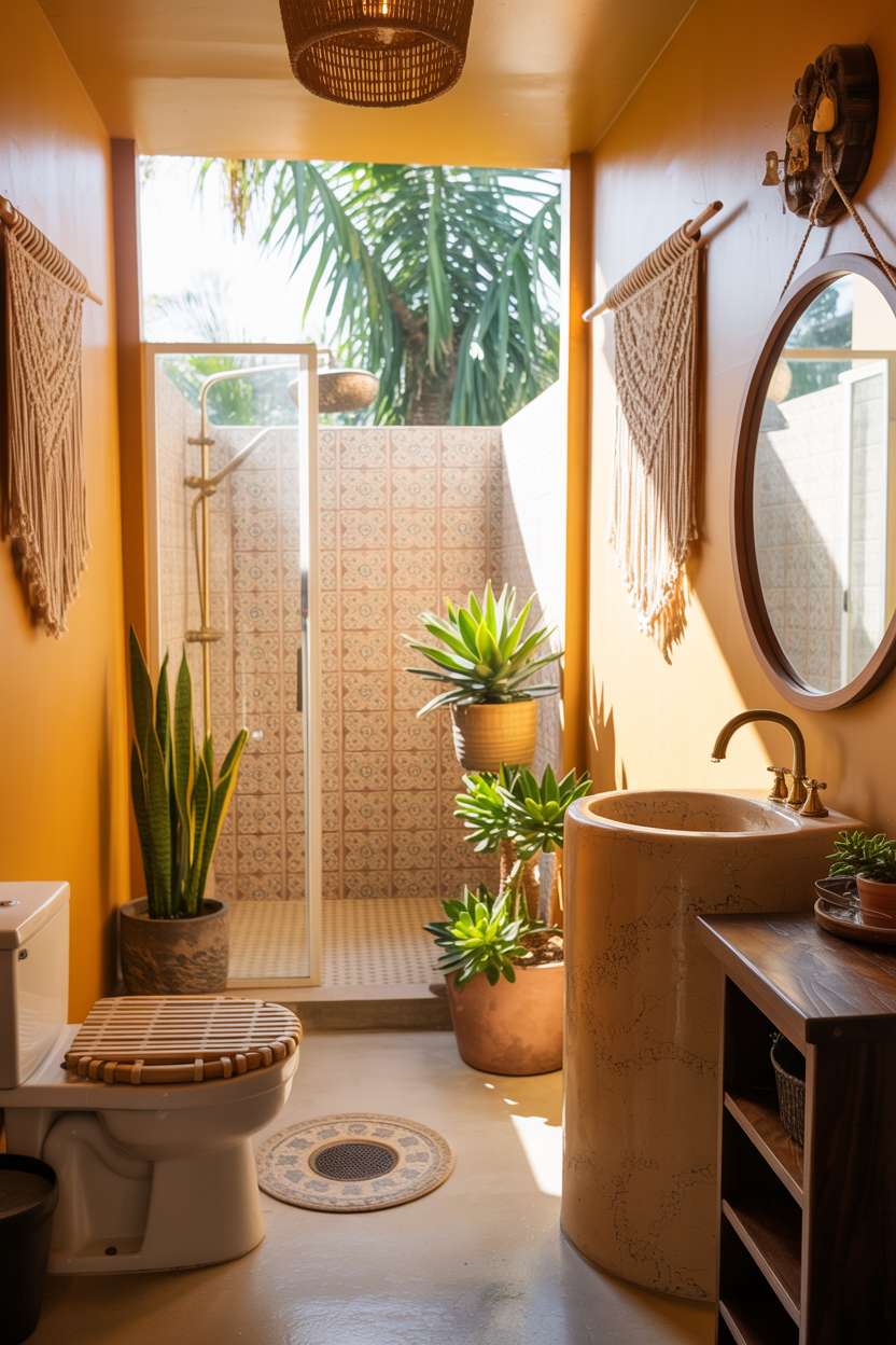 Rounded porcelain sink with brass faucet, bamboo toilet seat cover, terracotta-tiled shower, ochre walls, and woven macrame hangings