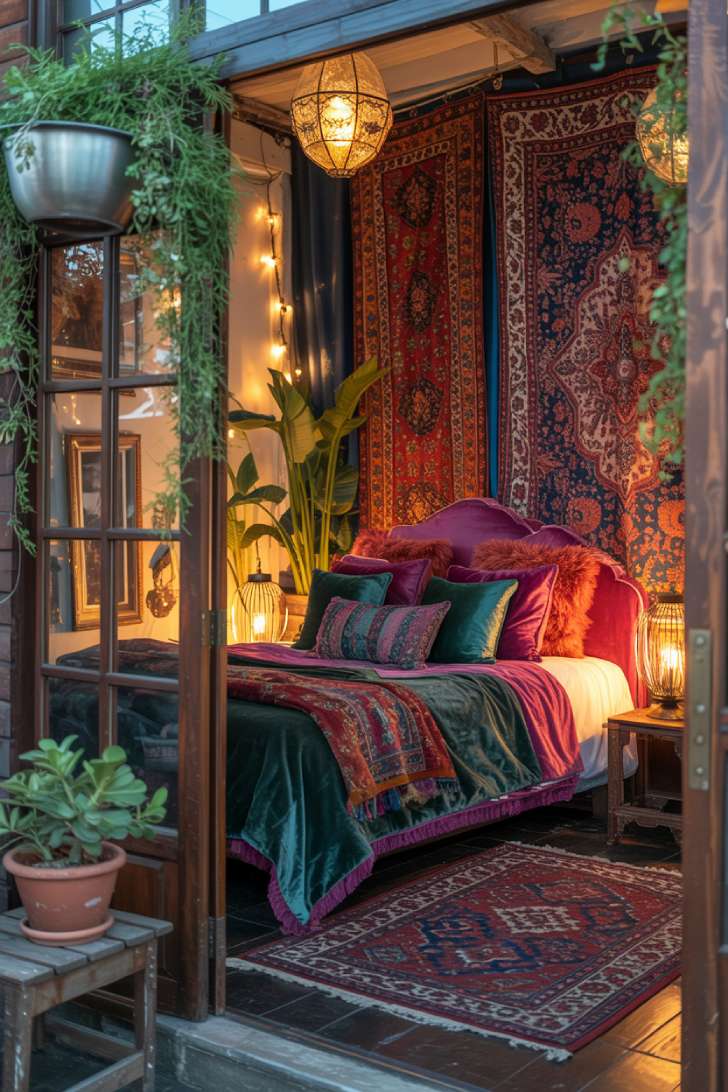 Bohemian bedroom with plush velvet bedding and ornate brass lanterns creating warm ambient lighting