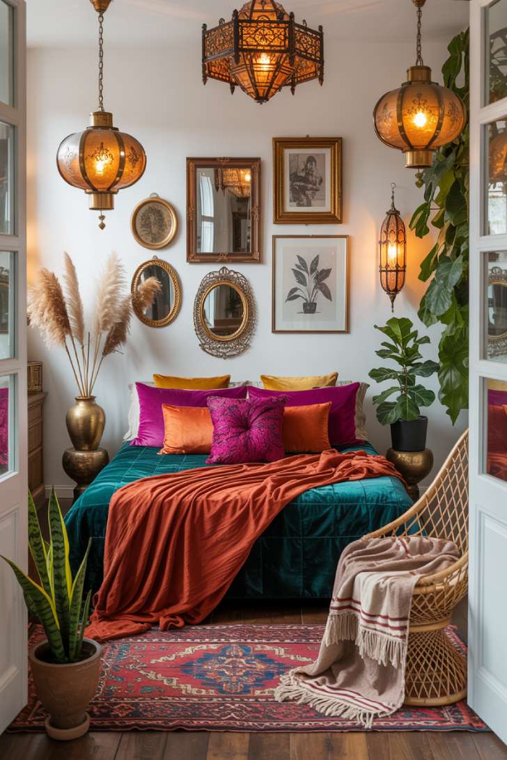 Bohemian bedroom with unmade bed, peacock rattan chair, and trailing pothos plants