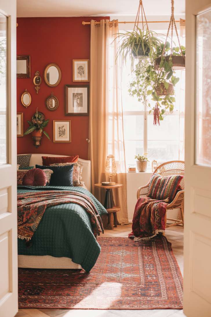 Bright bohemian bedroom with terracotta accent wall and macramé shelving displaying cascading greenery