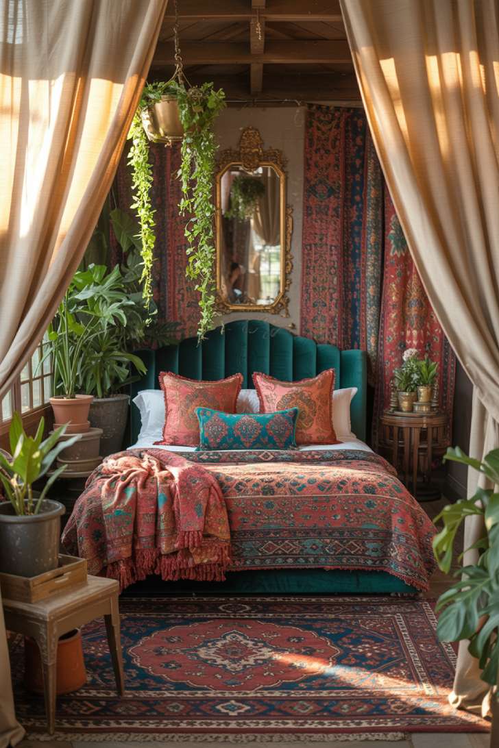Colorful bohemian bedroom featuring emerald velvet headboard and coral patterned throw pillows