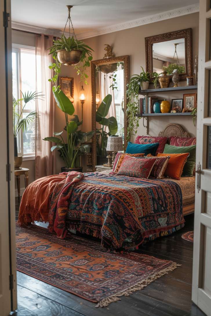 Bohemian bedroom entrance view showing layered tapestries and cascading plants from brass planters