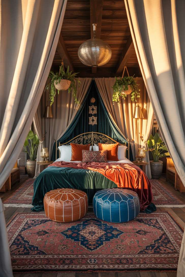 Luxurious bohemian bedroom with brass bed frame and Moroccan poufs in sapphire blue