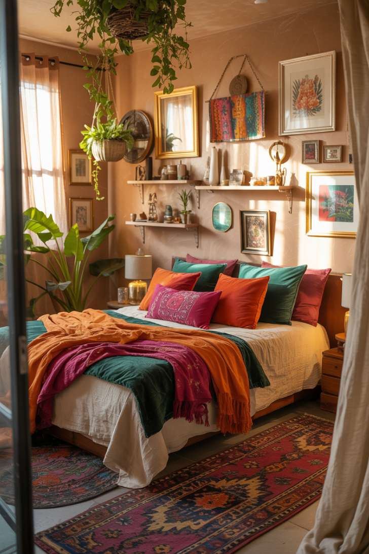 Bohemian bedroom with terracotta walls, trailing vines, and gallery wall of botanical prints