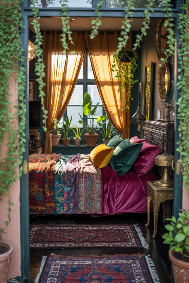 Vibrant bohemian bedroom with paisley bedding, carved wooden headboard, and vintage brass mirrors