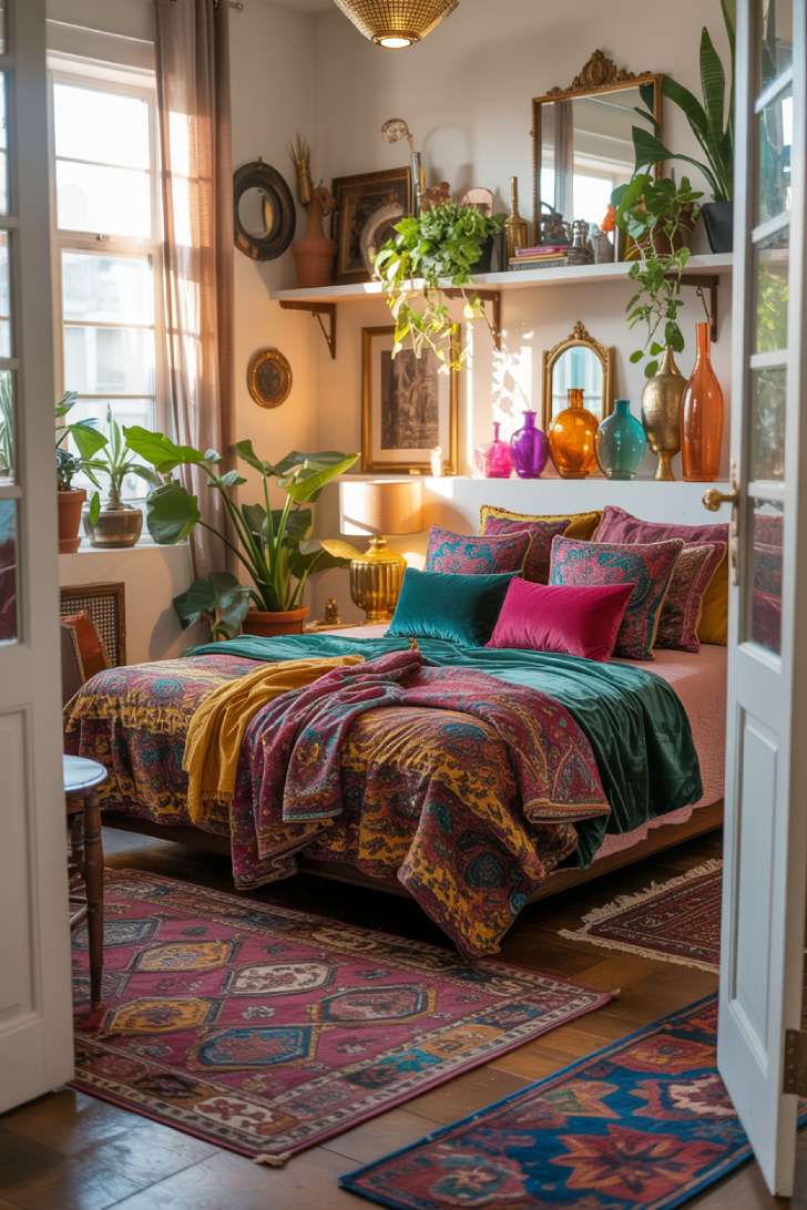 Bohemian bedroom entrance featuring Moroccan geometric rugs and jewel-toned velvet pillows