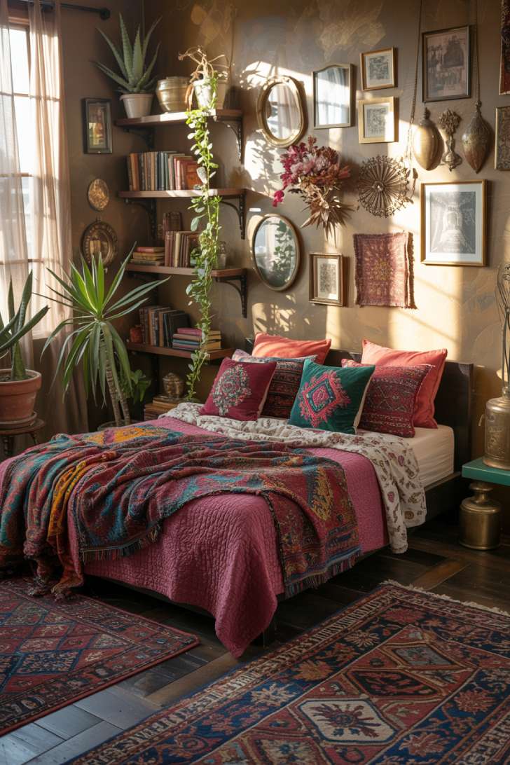 Bohemian bedroom with patchwork quilt, overlapping Persian rugs, and gallery wall of dried flowers