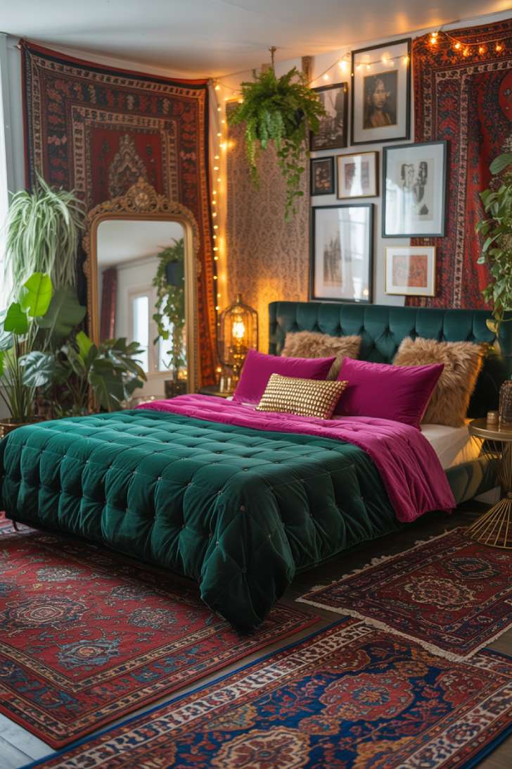 Bohemian bedroom showcasing tufted teal headboard, gilt mirror, and amber string lights
