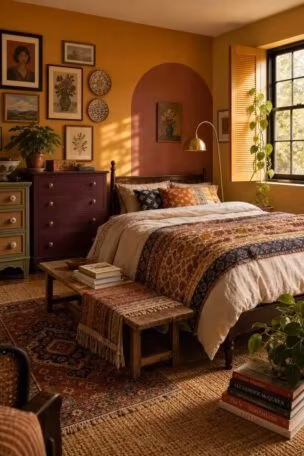 A warm colorful eclectic bedroom with layered textiles, mixed vintage furniture, a gallery wall, and soft late-afternoon light.