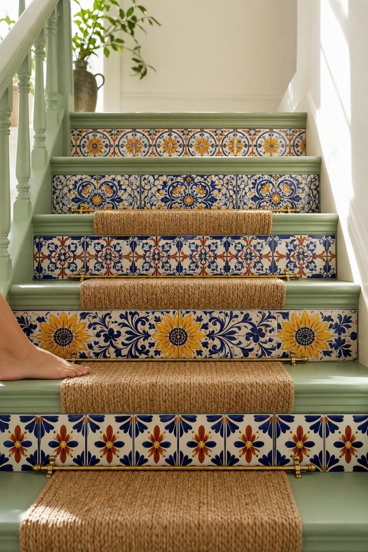 14 Colorful Eclectic Home Ideas for a Joyful Space 1 Staircase with colorful Talavera tile risers, mint green treads, and a seagrass runner in bright daylight.
