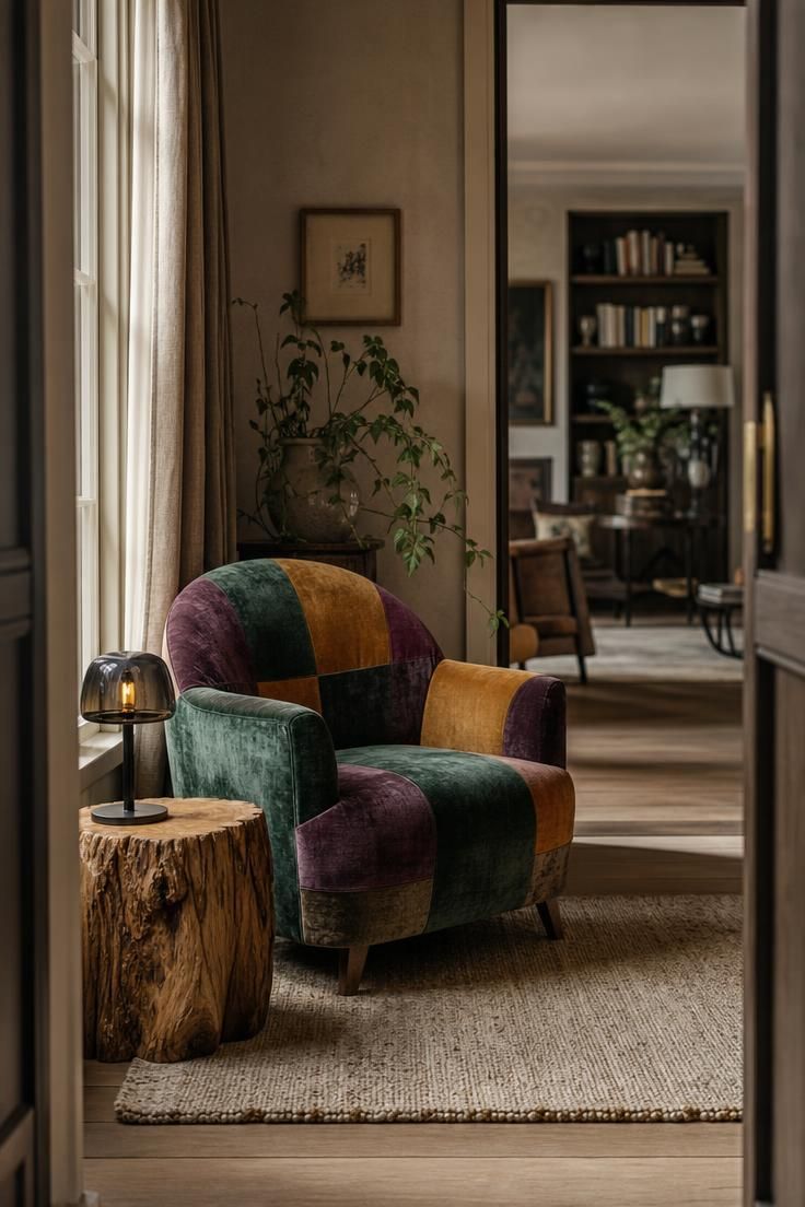14 Colorful Eclectic Home Ideas for a Joyful Space 3 Reading corner with a velvet patchwork armchair and raw oak stump side table on a faded wool rug.