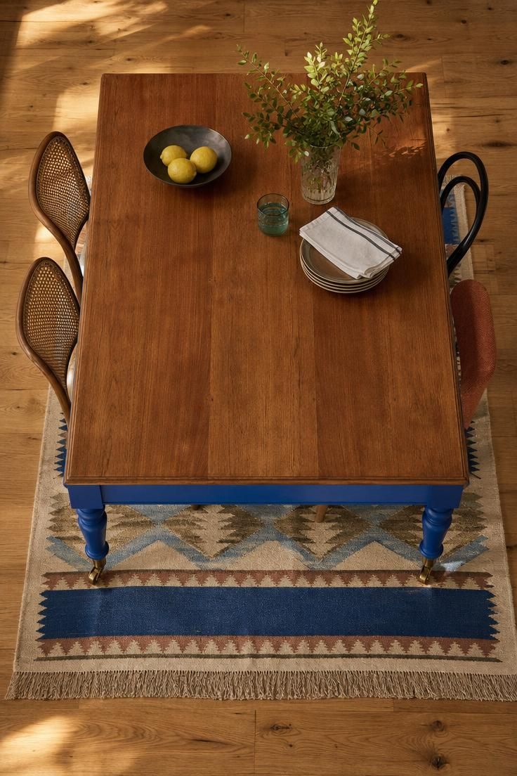 14 Colorful Eclectic Home Ideas for a Joyful Space 4 Overhead view of a cobalt blue dining table with brass feet and mismatched chairs on a patterned kilim.