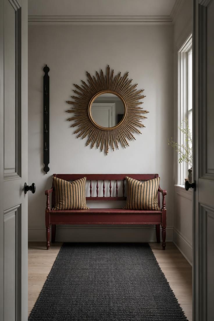 14 Colorful Eclectic Home Ideas for a Joyful Space 5 Entry hall with an oxblood Gustavian bench below a brass sunburst mirror and charcoal jute runner.