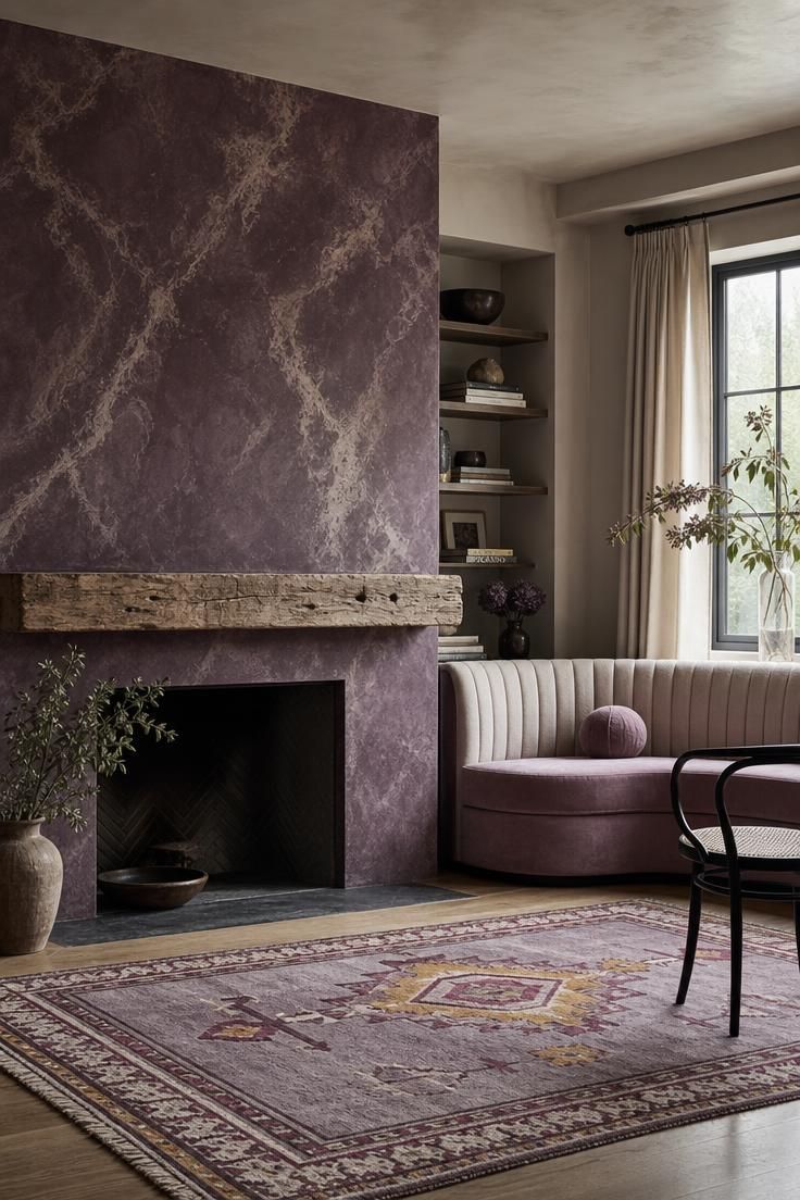 14 Colorful Eclectic Home Ideas for a Joyful Space 6 Living area with a marbleized aubergine plaster fireplace and a curved lilac velvet banquette.