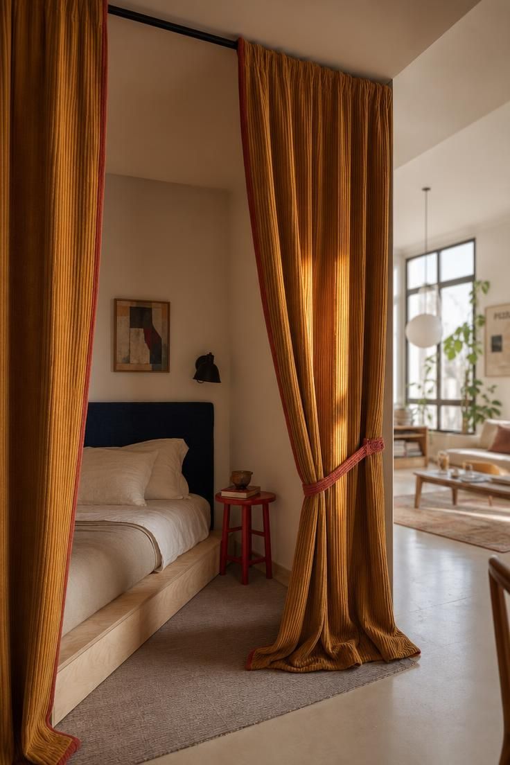 14 Colorful Eclectic Home Ideas for a Joyful Space 9 Ochre corduroy curtain dividing a studio alcove, viewed from inside the bed nook.