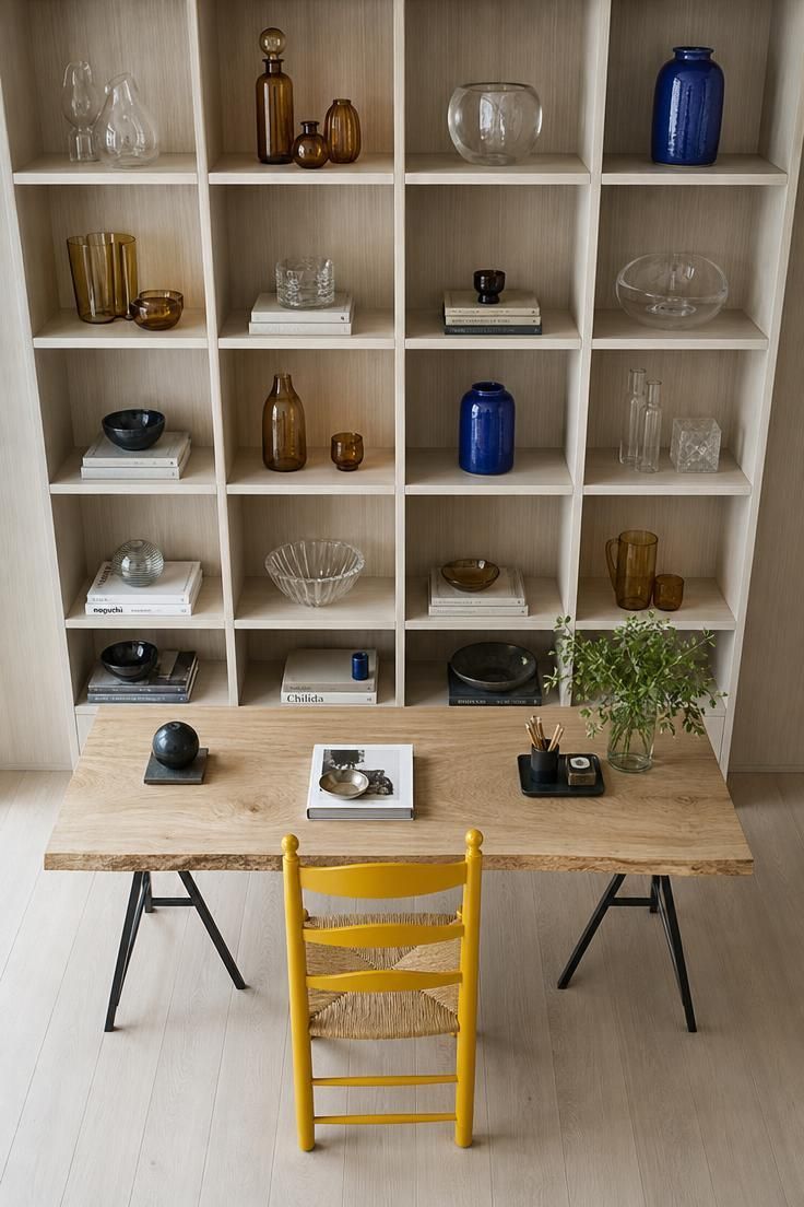14 Colorful Eclectic Home Ideas for a Joyful Space 10 Overhead view of a saffron lacquered chair at a white oak desk in front of pale ash shelves.