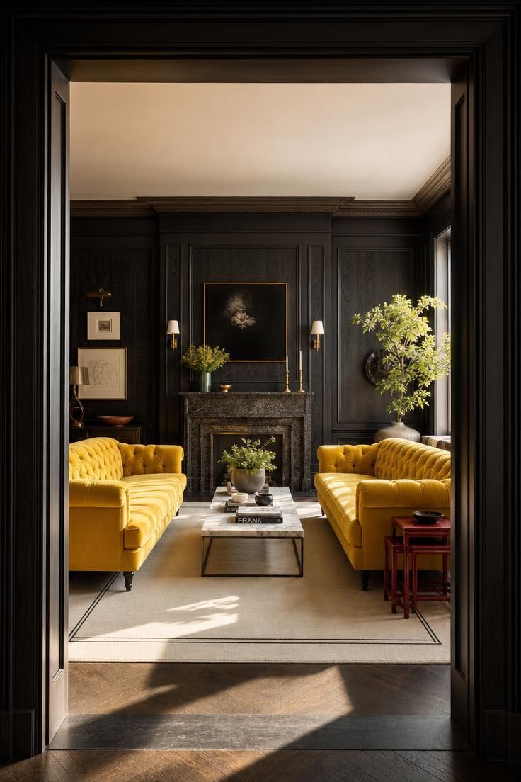 14 Colorful Eclectic Home Ideas for a Joyful Space 12 Two lemon yellow tuxedo sofas facing each other in a charcoal paneled room with a marble table.