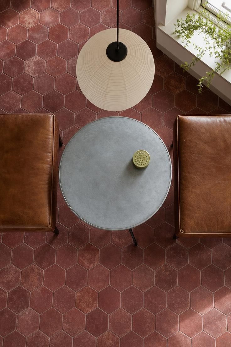 14 Colorful Eclectic Home Ideas for a Joyful Space 14 Overhead view of a burgundy clay-tile floor with a zinc bistro table and leather benches.
