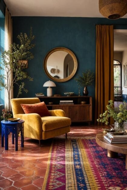 14 Colorful Eclectic Home Ideas for a Joyful Space Wide view of a colorful eclectic living room with teal plaster, saffron velvet, and a patterned kilim.