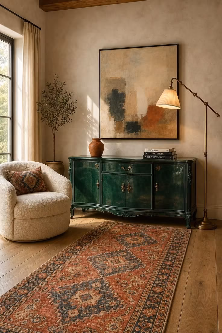 High-gloss emerald lacquered sideboard against warm white plaster wall, with brass floor lamp, art, and Turkish runner on oak floor.