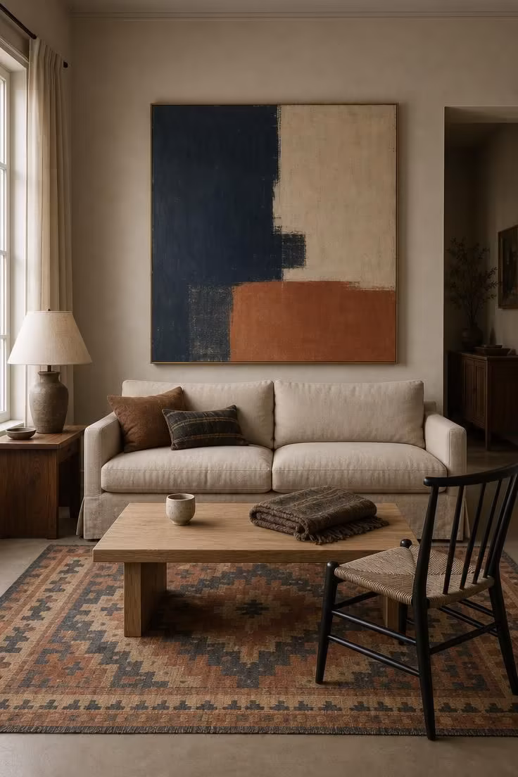 Mid-century modern sofa with pale oak coffee table, walnut side table, black spindle chair, kilim rug, and oversized abstract canvas.