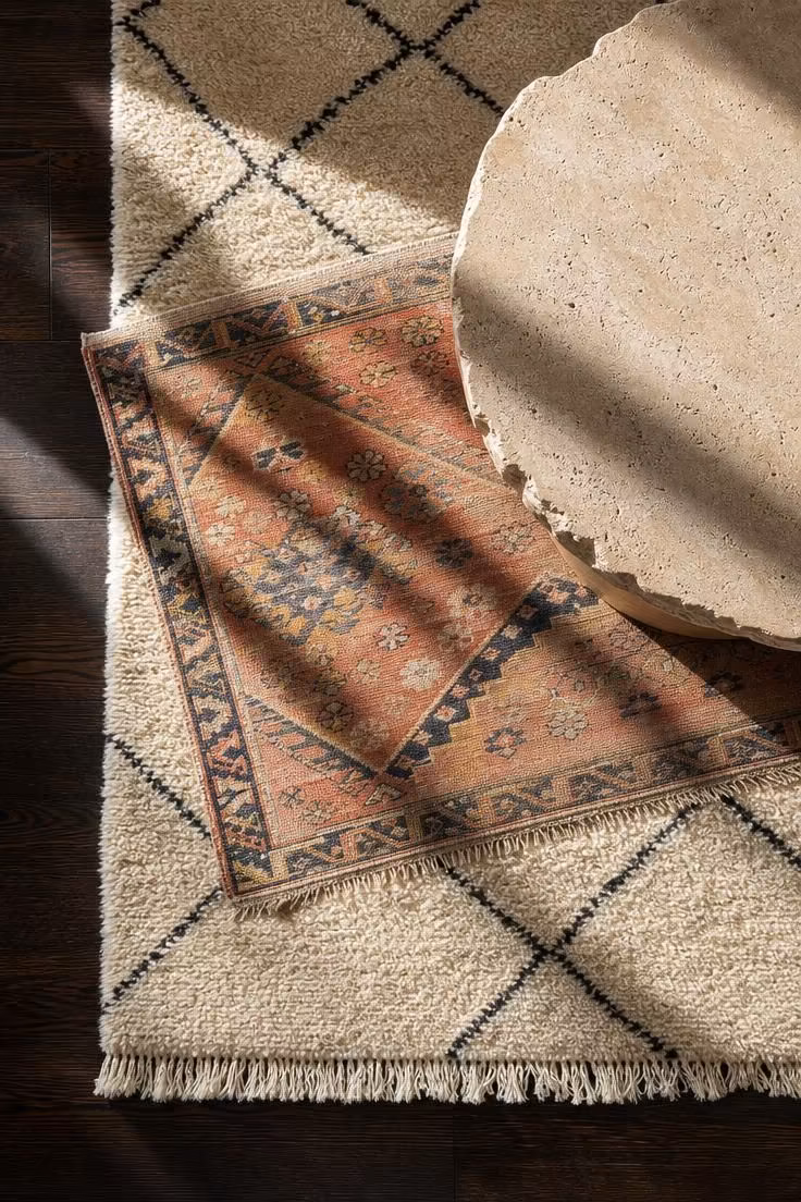 Overhead view of layered cream Moroccan Beni Ourain rug and vintage Turkish kilim under a round travertine coffee table on dark wood floor.