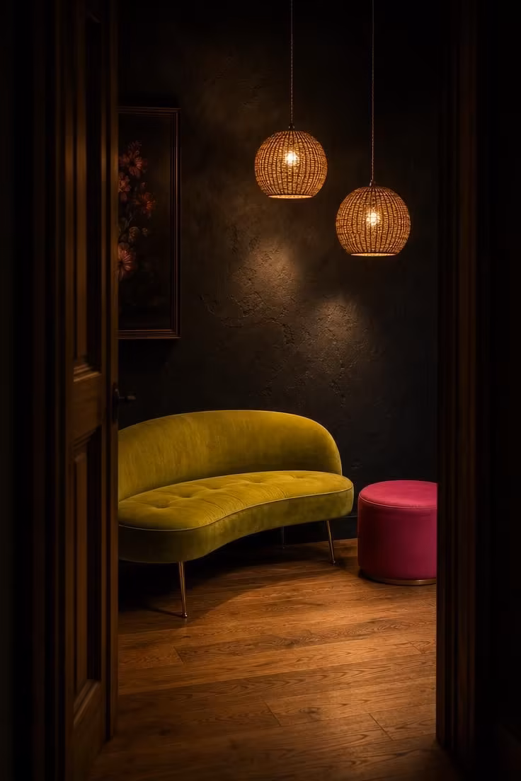 Curved chartreuse velvet bench under woven rattan pendants against charcoal wall, with hot pink ottoman on oak floor.