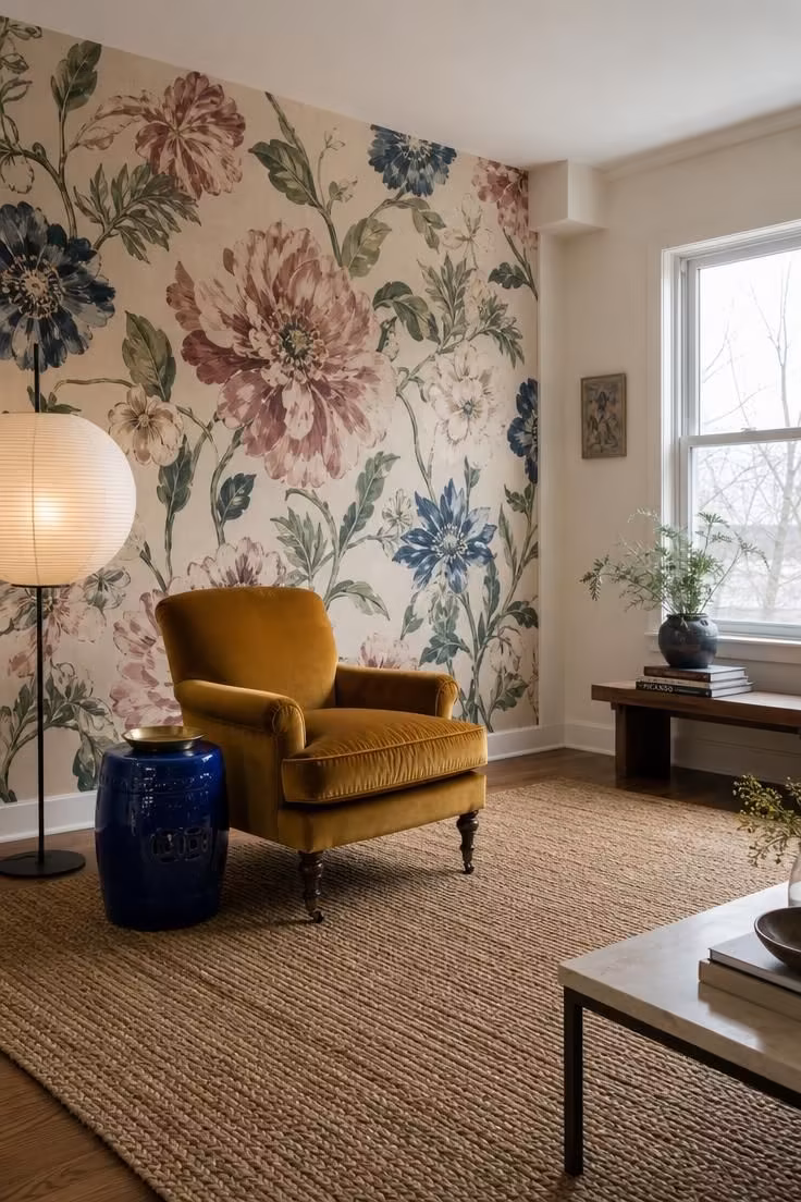 Hand-painted floral wallpaper in pink, sage, and indigo with mustard velvet chair, seagrass rug, and cobalt ceramic stool.
