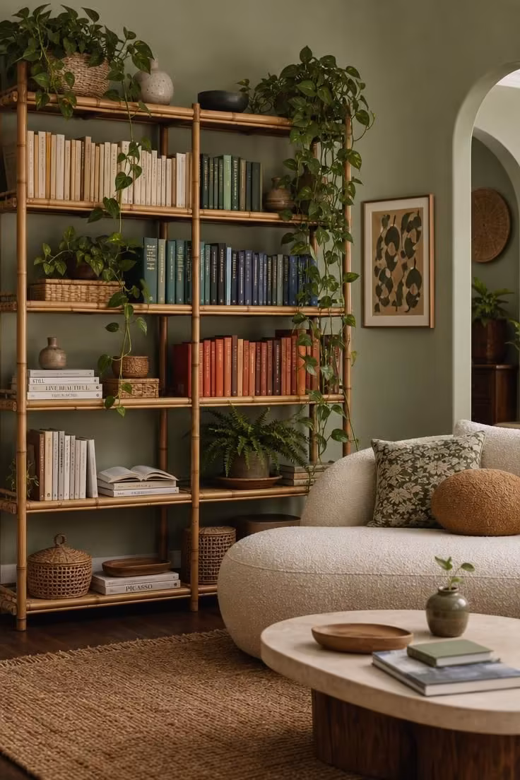 Sage green wall with tall rattan bookshelf, trailing pothos, arranged books, and low cream boucle sofa on jute rug.