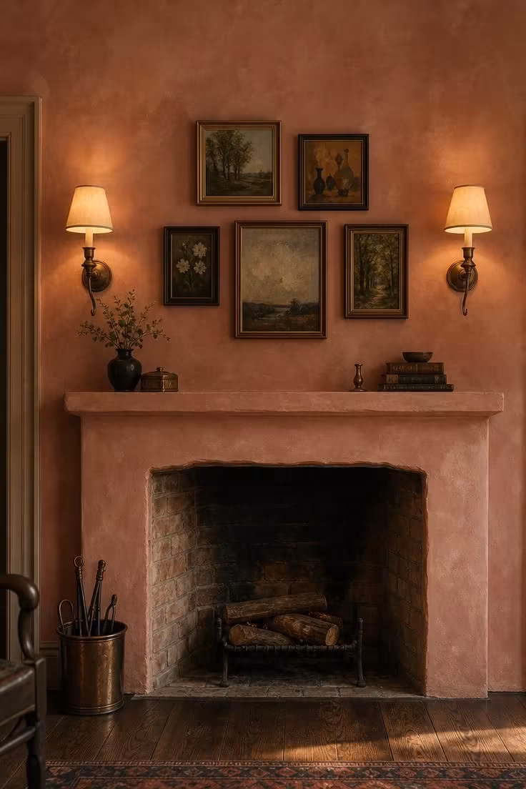 Dusty rose plaster fireplace wall with unpainted brick, brass sconces, and small oil paintings in wood frames above mantel.