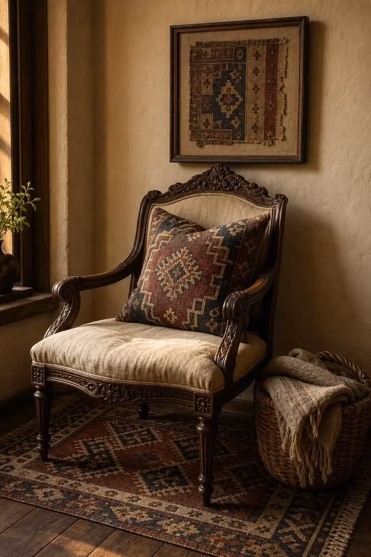 Antique carved armchair with tribal textile pillow, woven basket, and framed textile fragment on kilim rug.
