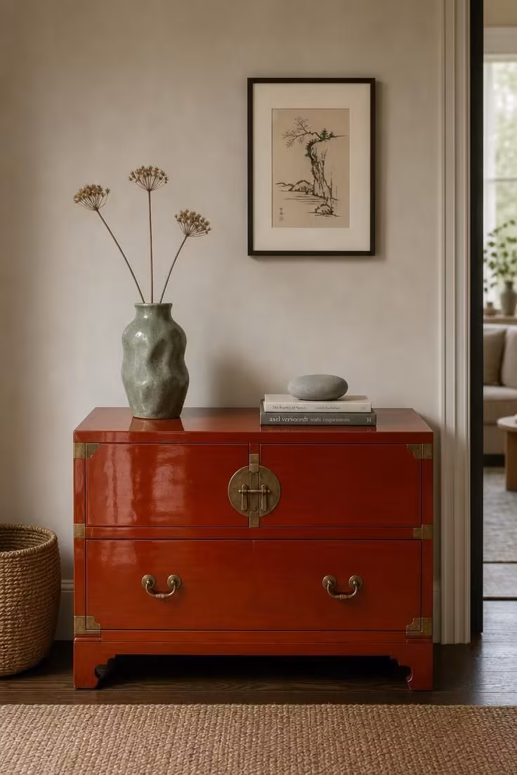 Glossy red-orange lacquered chest with brass hardware, sage green ceramic vase, and woven basket against greige wall.