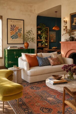 Colorful eclectic living room with cream sofa, vintage rug, emerald sideboard, chartreuse bench, and teal accent wall.