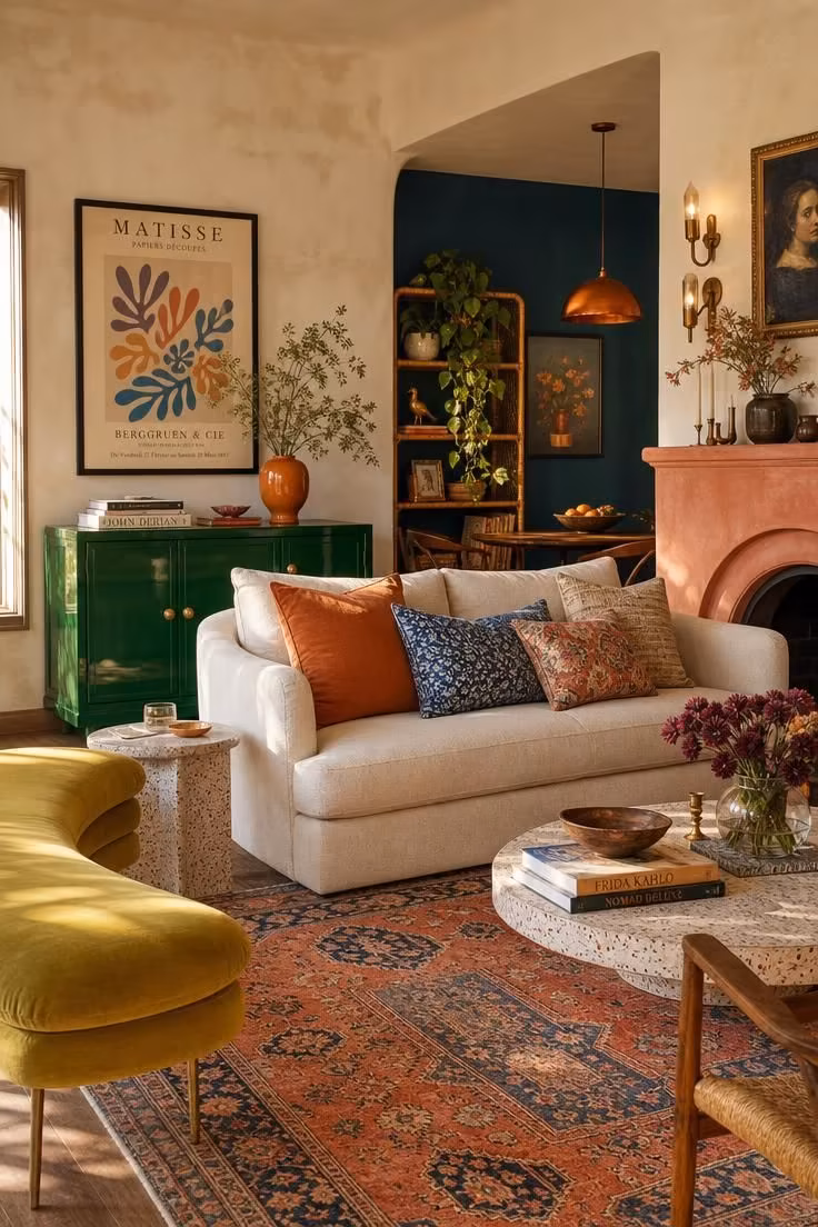 Simple Spaces 17 Colorful eclectic living room with cream sofa, vintage rug, emerald sideboard, chartreuse bench, and teal accent wall.