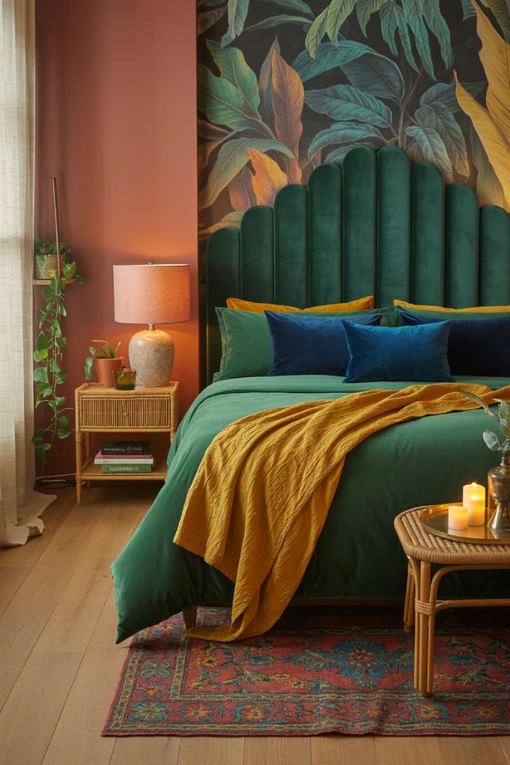 A luxurious guest bedroom with emerald green velvet bedding, sapphire blue pillows, and a botanical wallpaper accent wall in terracotta hues