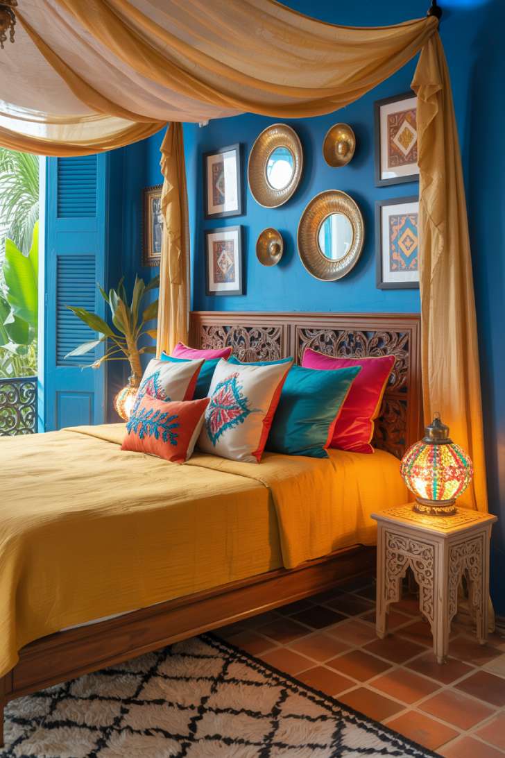 A Moroccan-inspired guest bedroom with cobalt blue walls, saffron yellow bedding, hammered brass mirrors, and mosaic lantern lighting