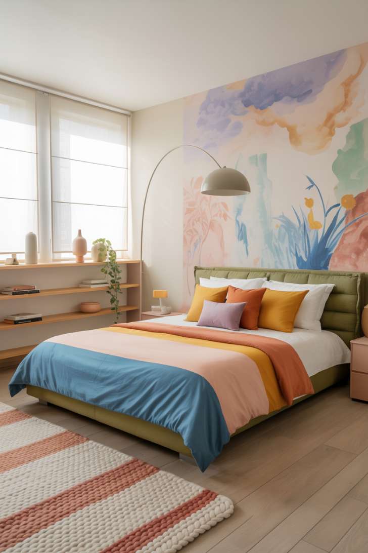 A Scandinavian-meets-maximalist guest bedroom with a sage green linen headboard, color-block duvet in sky blue and coral, and a hand-painted pastel mural