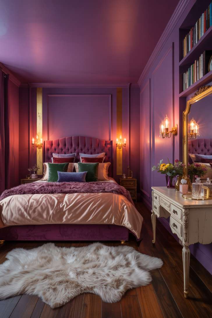 A moody jewel-tone guest bedroom with plum purple walls and ceiling, tufted magenta velvet headboard, and layered burgundy and champagne gold bedding