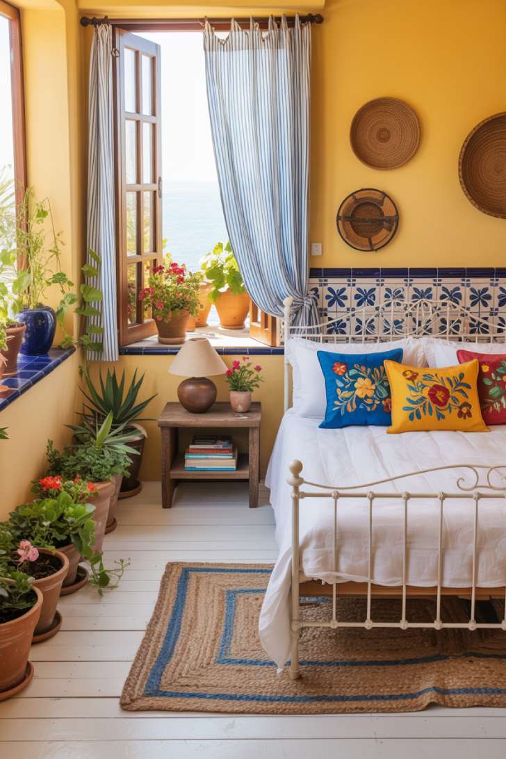 A Mediterranean guest bedroom with lemon yellow walls, Talavera-style hand-painted tile wainscoting, white wrought iron bed, and colorful embroidered pillows
