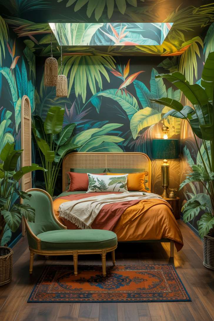 A botanical jungle guest bedroom with tropical leaf wallpaper in teal and emerald, rattan headboard, cinnamon orange bedding, and towering monstera plants