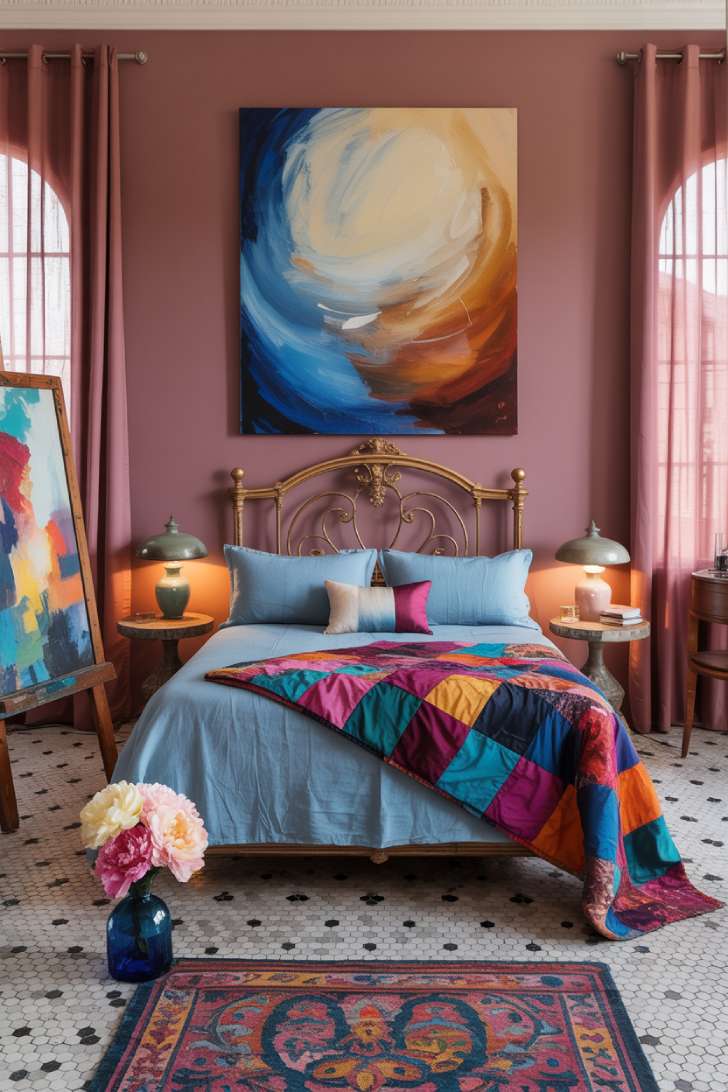 A Parisian-inspired guest bedroom with dusty rose walls, abstract oil painting above the bed, ornate gold iron bed frame, and kilim rug over hexagonal mosaic tile flooring