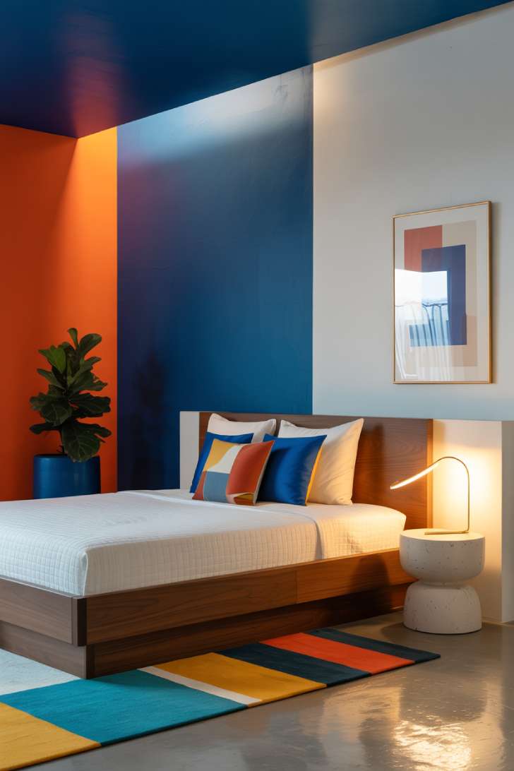A contemporary color-block guest bedroom with a tangerine orange accent wall, cobalt blue headboard wall, white platform bed, and polished concrete floors